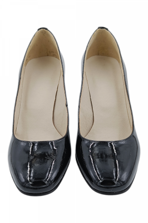 Pantofi damă eleganți, piele naturală lăcuită, vârf pătrat, toc gros, negru [3]
