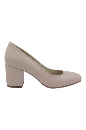 Pantofi cu toc gros 6 cm - Pantofi damă eleganți, piele naturală, vârf pătrat, toc gros, bej roz