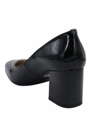 Pantofi damă eleganți, piele naturală lăcuită, vârf pătrat, toc gros, negru [2]