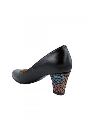 Pantofi dama eleganti, piele naturala neagra, toc mediu gros imbracat imprimeu mozaic, Sandali [2]