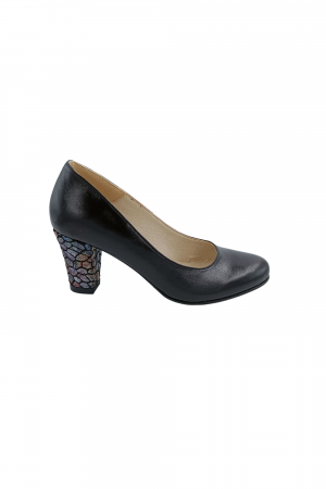 Pantofi cu toc conic - Pantofi dama eleganti, piele naturala neagra, toc mediu gros imbracat imprimeu mozaic, Sandali