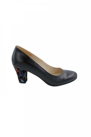 Pantofi dama eleganti, piele naturala neagra, toc mediu gros imbracat imprimeu picasso, Sandali