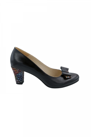 Pantofi cu toc conic - Pantofi dama eleganti, piele naturala, negru cu funda, toc mediu gros imbracat cu mozaic, Sandali