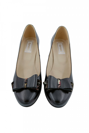 Pantofi dama eleganti, piele naturala, negru cu funda, toc mediu gros imbracat imprimeu de flori, Sandali [3]