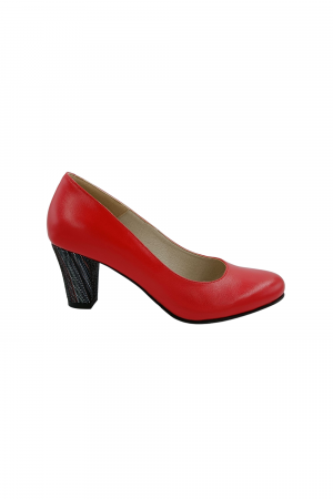 Pantofi cu toc conic - Pantofi dama eleganti, piele naturala rosu, toc mediu gros imbracat cu linii colorate, Sandali