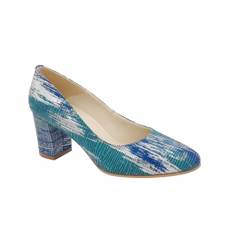 Pantofi cu toc gros 6 cm - Pantofi damă eleganți, piele naturală, toc gros, argint, turcoaz, albastru, Sandali