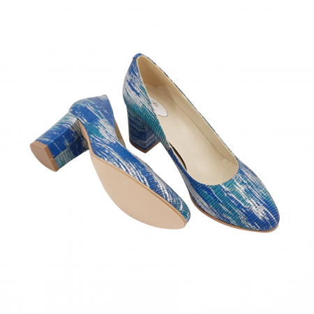Pantofi damă eleganți, piele naturală, toc gros, argint, turcoaz, albastru, Sandali [3]