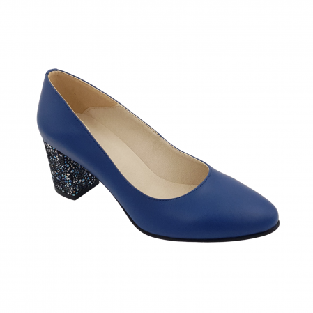 Pantofi damă eleganți, piele naturală, toc gros îmbrăcat, albastru cu flori albastre, Sandali