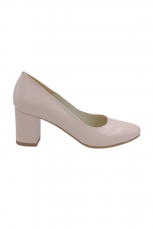 Pantofi cu toc gros 6 cm - Pantofi damă eleganți, piele naturală, toc gros îmbrăcat, bej-roz, SANDALI