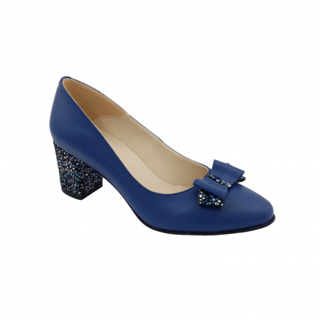 Pantofi damă eleganți, piele naturală, toc gros îmbrăcat, fundă, albastru cu flori albastre, Sandali