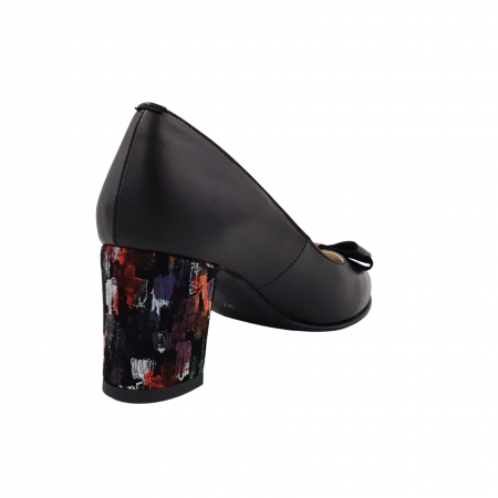 Pantofi damă eleganți, piele naturală, toc gros îmbrăcat, fundă, negru cu pătrățele colorate, Sandali [1]