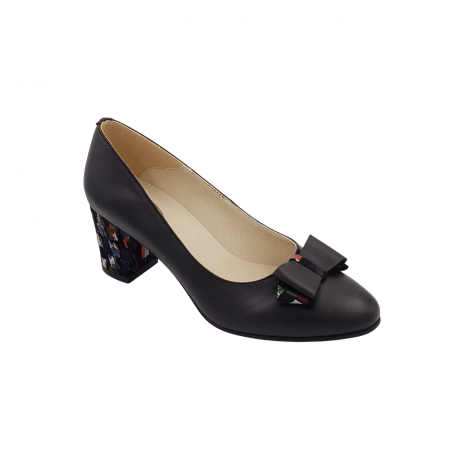 Pantofi cu toc gros 6 cm - Pantofi damă eleganți, piele naturală, toc gros îmbrăcat, fundă, negru cu pătrățele colorate, Sandali