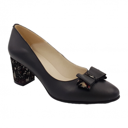 Pantofi cu toc gros 6 cm - Pantofi damă eleganți, piele naturală, toc gros îmbrăcat, fundă, negru floral, Sandali