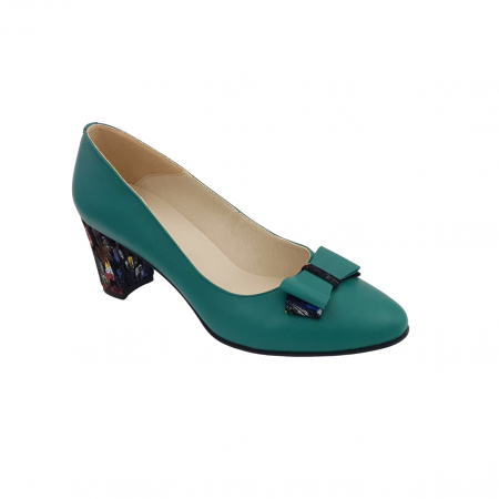 Pantofi cu toc gros 6 cm - Pantofi damă eleganți, piele naturală, toc gros îmbrăcat, fundă, picasso, verde, Sandali