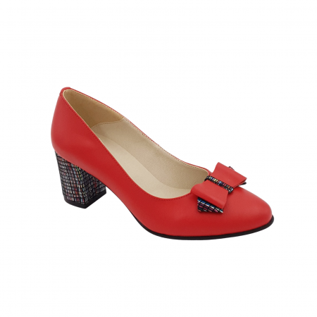 Pantofi cu toc gros 6 cm - Pantofi damă eleganți, piele naturală, toc gros îmbrăcat, fundă, roșu cu linii colorate, Sandali