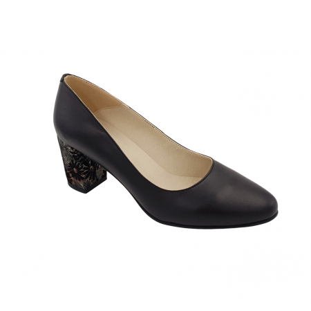Pantofi cu toc gros 6 cm - Pantofi damă eleganți, piele naturală, toc gros îmbrăcat, negru floral, Sandali