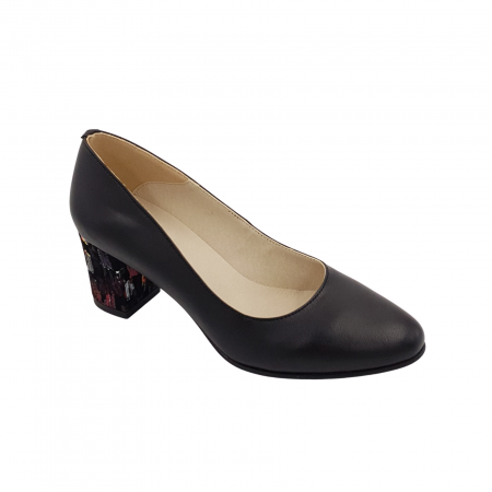 Pantofi cu toc gros 6 cm - Pantofi damă eleganți, piele naturală, toc gros îmbrăcat, negru cu pătrățele colorate, Sandali