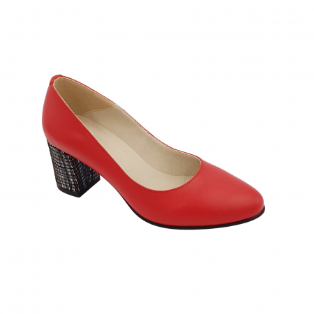 Pantofi cu toc gros 6 cm - Pantofi damă eleganți, piele naturală, toc gros îmbrăcat, roșu cu linii colorate, Sandali