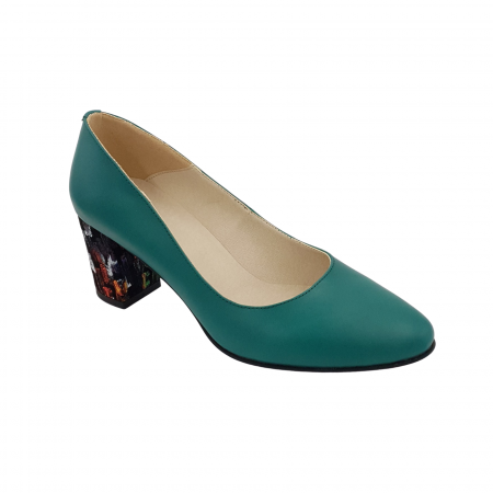 Pantofi cu toc gros 6 cm - Pantofi damă eleganți, piele naturală, toc gros îmbrăcat, verde cu pătratele colorate, Sandali