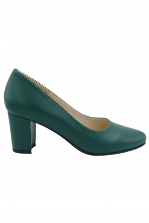 Pantofi damă eleganți, piele naturală, toc gros îmbrăcat, verde. SANDALI
