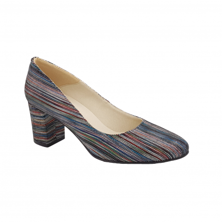 Pantofi cu toc gros 6 cm - Pantofi damă eleganți, piele naturală, toc gros, linii colorate, Sandali