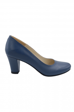 Pantofi cu toc conic - Pantofi damă eleganți, piele naturală, toc mediu gros îmbrăcat, albastru, SANDALI