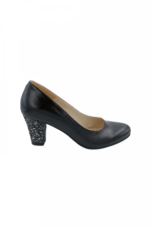Pantofi cu toc conic - Pantofi dama eleganti, piele naturala, toc mediu gros imbracat cu glitter argintiu, negru, Sandali