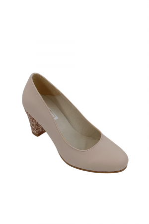 Pantofi dama eleganti, piele naturala, toc mediu gros imbracat cu glitter roz, bej, Sandali [1]
