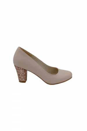 Pantofi cu toc conic - Pantofi dama eleganti, piele naturala, toc mediu gros imbracat cu glitter roz, bej, Sandali