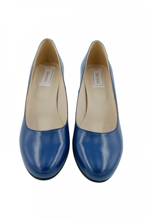 Pantofi dama eleganti, piele naturala, toc mediu gros imbracat imprimeu de flori albastre, albastru, Sandali [3]