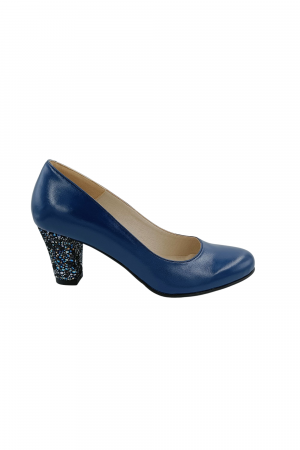 Pantofi cu toc conic - Pantofi dama eleganti, piele naturala, toc mediu gros imbracat imprimeu de flori albastre, albastru, Sandali
