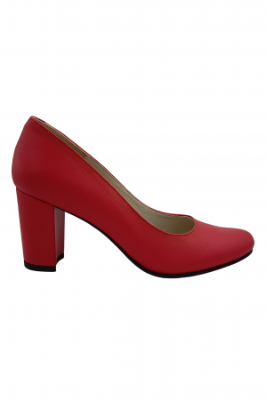 Pantofi cu toc gros 7 cm - Pantofi damă eleganți, piele naturală, toc mediu gros îmbrăcat, roșu, SANDALI