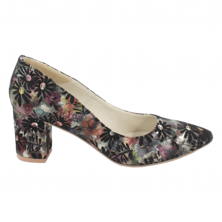 Pantofi cu toc gros 6 cm - Pantofi damă eleganți, piele naturală, vârf ascuțit, toc gros, negru floral, SANDALI