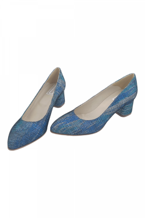 Pantofi damă eleganți, piele naturală, vârf migdalat, toc gros îmbrăcat ,albastru, turcoaz și argintiu, SANDALI [4]