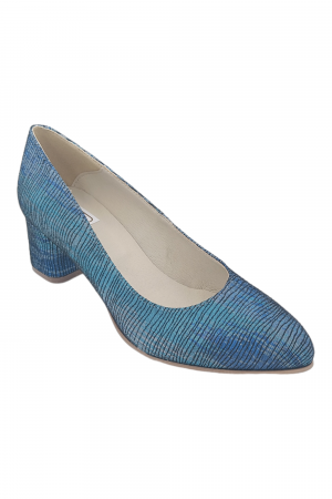 Pantofi cu toc gros 5 cm - Pantofi damă eleganți, piele naturală, vârf migdalat, toc gros îmbrăcat ,albastru, turcoaz și argintiu, SANDALI