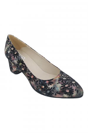 Pantofi cu toc gros 5 cm - Pantofi damă eleganți, piele naturală, vârf migdalat, toc gros îmbrăcat, imprimeu floral. SANDALI