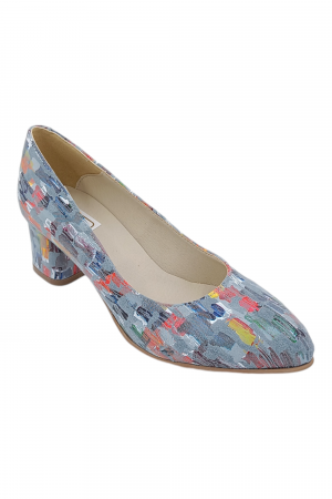 Pantofi cu toc gros 5 cm - Pantofi damă eleganți, piele naturală, vârf migdalat, toc gros îmbrăcat, bleo pictat. SANDALI
