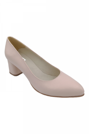Pantofi cu toc gros 5 cm - Pantofi damă eleganți, piele naturală, vârf migdalat, toc gros îmbrăcat, bej. SANDALI