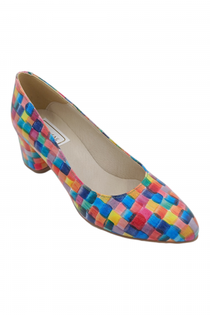 Pantofi cu toc gros 5 cm - Pantofi damă eleganți, piele naturală, vârf migdalat, toc gros îmbrăcat, imprimeu pastel. SANDALI