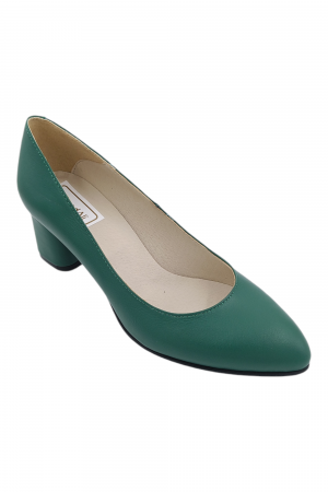 Pantofi cu toc gros 5 cm - Pantofi damă eleganți, piele naturală, vârf migdalat, toc gros îmbrăcat , verde