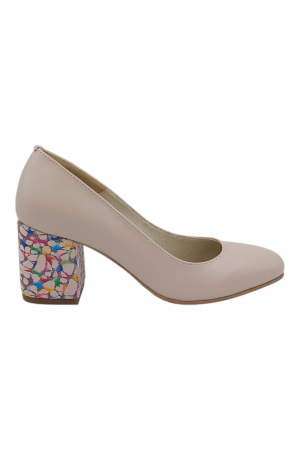 Pantofi damă - Pantofi damă eleganți, piele naturală, vârf pătrat, toc gros îmbrăcat, bej roz