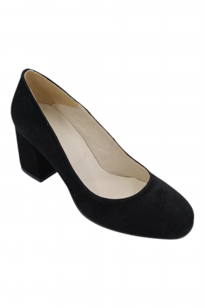 Pantofi damă eleganți, piele naturală întoarsă, vârf pătrat, toc gros, negru [1]