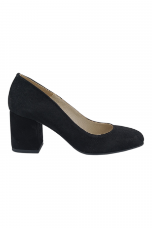 Pantofi cu toc gros 6 cm - Pantofi damă eleganți, piele naturală întoarsă, vârf pătrat, toc gros, negru
