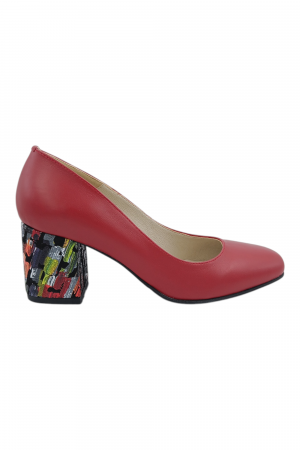 Pantofi cu toc gros 6 cm - Pantofi damă eleganți, piele naturală, vârf pătrat, toc gros, imprimeu picasso, roșu