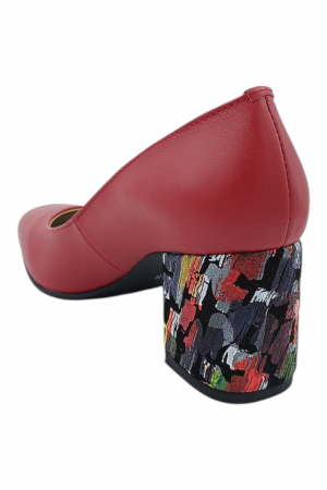 Pantofi damă eleganți, piele naturală, vârf pătrat, toc gros, imprimeu picasso, roșu [2]