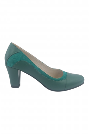 Pantofi cu toc gros 6 cm - Pantofi damă eleganți, piele naturală, vârf rotund, toc gros mediu, verde