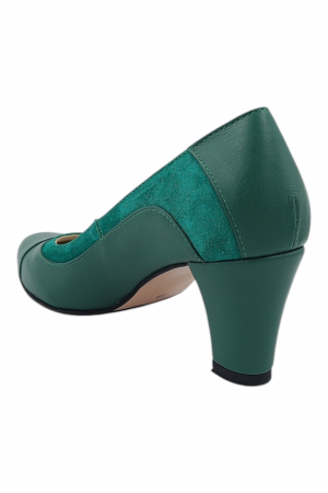 Pantofi damă eleganți, piele naturală, vârf rotund, toc gros mediu, verde [2]