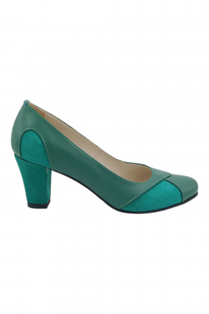 Pantofi cu toc gros 6 cm - Pantofi damă eleganți, piele naturală, vârf rotund, toc gros mediu, piele întoarsă, verde