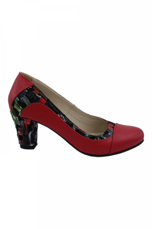 Pantofi cu toc gros 6 cm - Pantofi damă eleganți, piele naturală, vârf rotund, toc gros mediu, imprimeu picasso, roșu