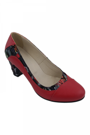 Pantofi damă eleganți, piele naturală, vârf rotund, toc gros mediu, imprimeu picasso, roșu [1]